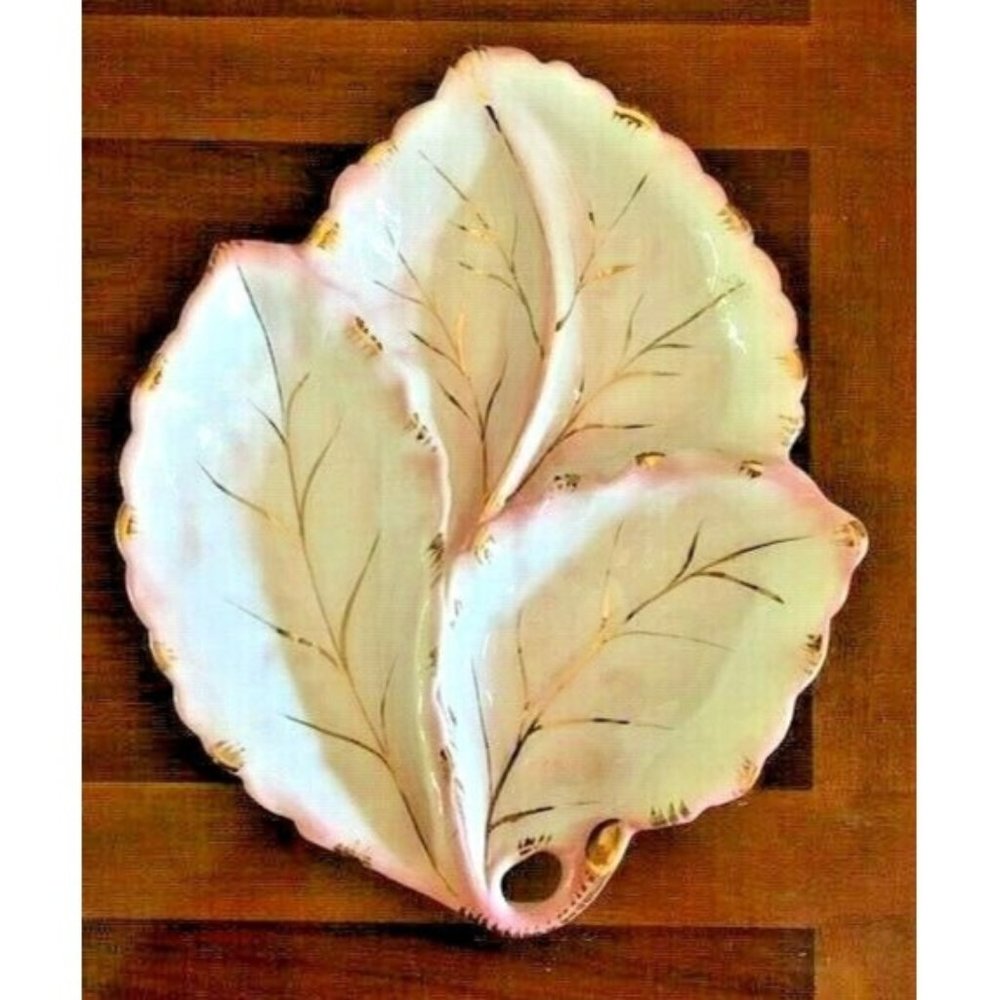 1950s NSP ITALY CERAMIC THREE-LEAF CANDY DISH SERVING TRAY 14" GOLD TRIM VINTAGE